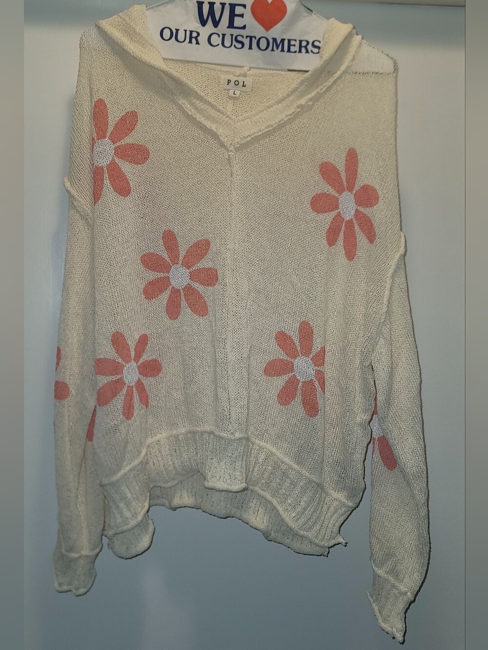 POL Cream Knit V-Neck Hooded Sweater with Coral Daisy Motif